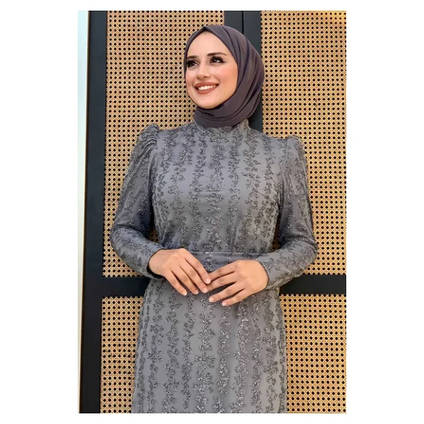Çiçek Desenli Simli Tül Abiye Elbise 1108 Gri - Görsel 4