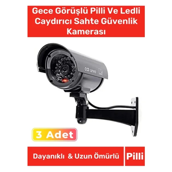 Özel Ev Apartman Bahçe İş Yeri Gece Görüşlü Pilli Ledli Caydırıcı Sahte Güvenlik Kamerası 3'lü Set - Görsel 3
