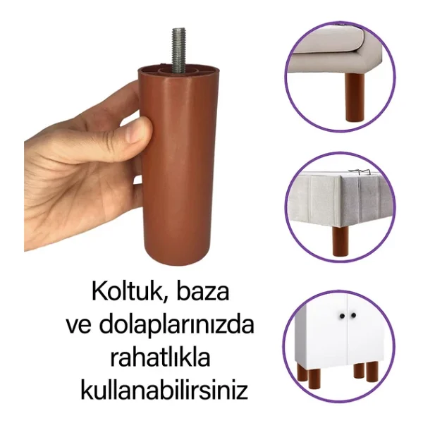 Destek Ayağı 12 Cm Kahverengi Ve Metal Düz Ayak Tabanı M8 Civatalı İnce Diş Mobilya Kanepe Baza Seti - Görsel 2