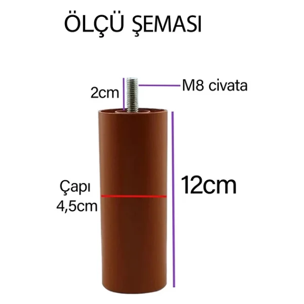 Destek Ayağı 12 Cm Kahverengi Ve Metal Düz Ayak Tabanı M8 Civatalı İnce Diş Mobilya Kanepe Baza Seti - Görsel 3