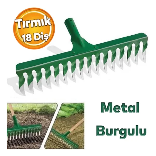 Metal Burgulu Bahçe Tarla Tırmık 18 Diş Çim Peyzaj Yaprak Ot Saman Temizleme Toprak İşleme Tırmığımf