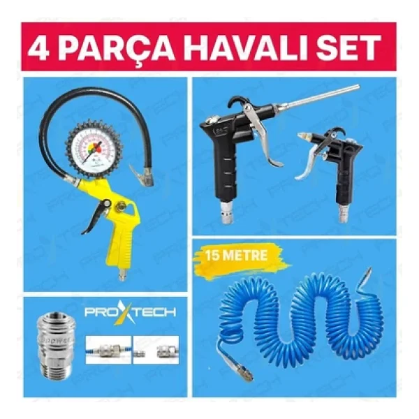 Proxtech Kompresör Lastik Şişirme, Spiral Hava Hortumu 15 Mt Hava Jakı Hava Tabancası Recor Seti - Görsel 7
