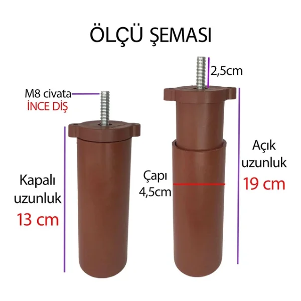 Destek Ayağı 13-19 Cm Kahverengi Ve Metal Düz Ayak Tabanı M8 Civatalı İnce Diş Mobilya Kanepe Baza Koltuk Seti - Görsel 2