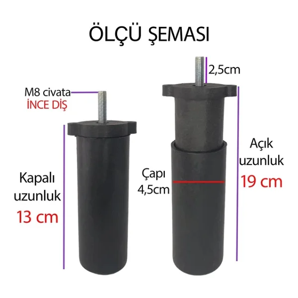 Destek Ayağı 13-19 Cm Siyah Ve Metal Düz Ayak Tabanı M8 Civatalı İnce Diş Mobilya Kanepe Baza Koltuk Seti - Görsel 3