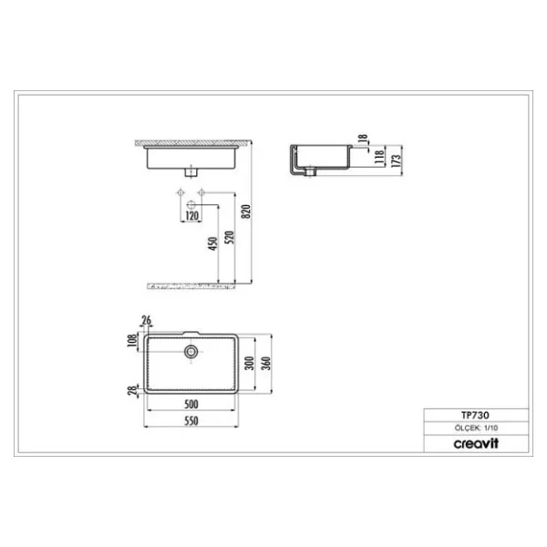 Creavit Tp730 Hilton Tezgah Altı Dikdörtgen 30x50 Cm Beyaz Lavabo - Görsel 6