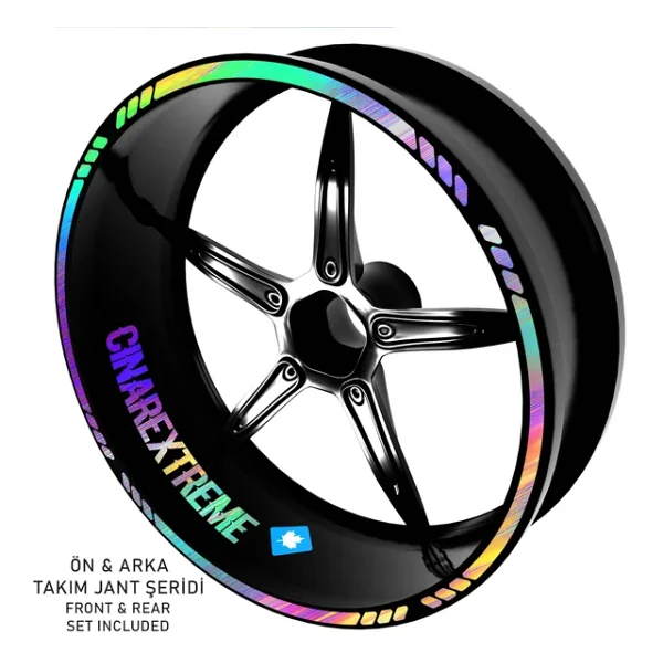 Çınar Extreme Rainbow Gökkuşağı Hologram Efektli 4 Parçalı Kesikli Motosiklet Jant Şeridi Sticker - Görsel 3