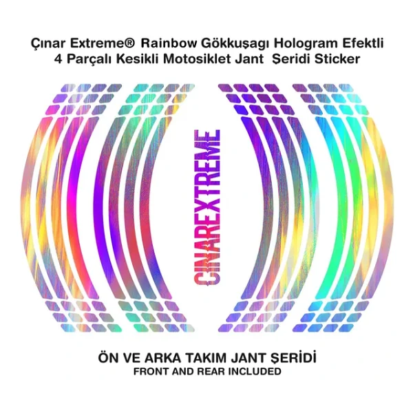 Çınar Extreme Rainbow Gökkuşağı Hologram Efektli 4 Parçalı Kesikli Motosiklet Jant Şeridi Sticker - Görsel 5
