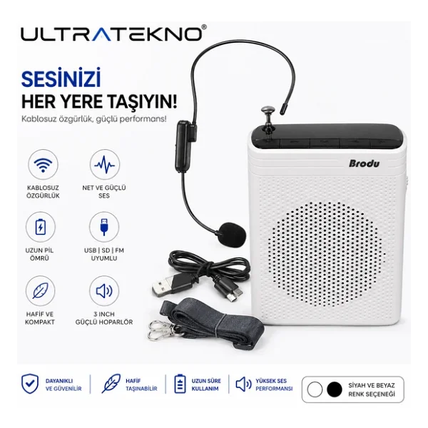 Ultratekno Kablosuz Mikrofonlu Rehber Amfisi 3" Subwoofer Hoparlör Bluetooth Fm USB Tf Kart Destekli Hoparlör - Görsel 5