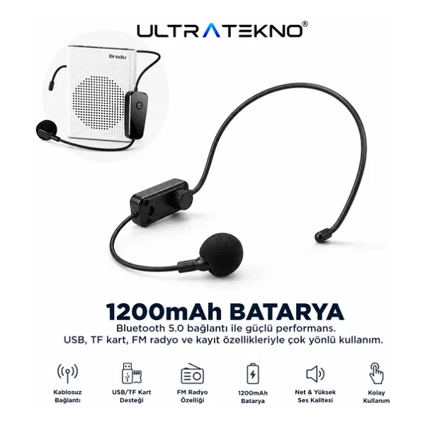 Ultratekno Kablosuz Mikrofonlu Rehber Amfisi 3" Subwoofer Hoparlör Bluetooth Fm USB Tf Kart Destekli Hoparlör - Görsel 6