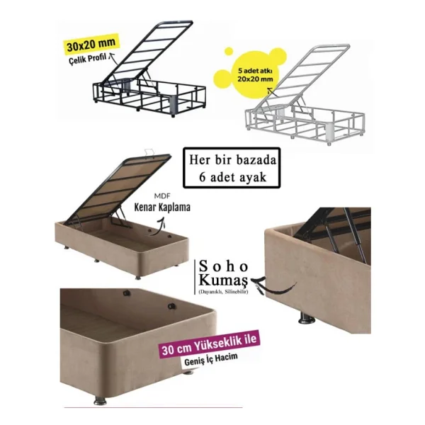 Niron Rama Baza Ve Başlık Seti 120x200 Cm Tek Kişilik Sütlü Kahve Kumaş Baza Ve Başlığı Soho Kumaş - Görsel 9