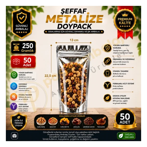 Şeffaf Metalize Doypack 13x22,5x7 Cm (50 Adet) - Görsel 3