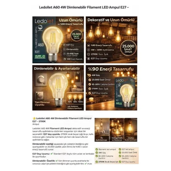 Ledolet Flament A60 4W Ampul 2200K - Görsel 2