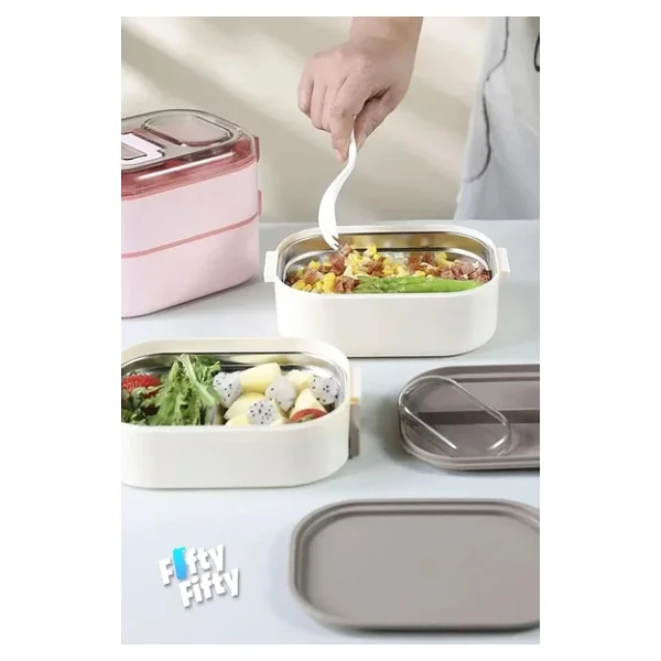 Vagonlife 1000 Ml İki Kat Üç Bölme Paslanmaz Çelik Bento Lunch Box Yeni Nesil Sefer Tası-Sos Kaseli - Görsel 7