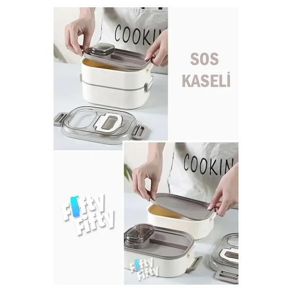 Vagonlife 1000 Ml İki Kat Üç Bölme Paslanmaz Çelik Bento Lunch Box Yeni Nesil Sefer Tası-Sos Kaseli - Görsel 4