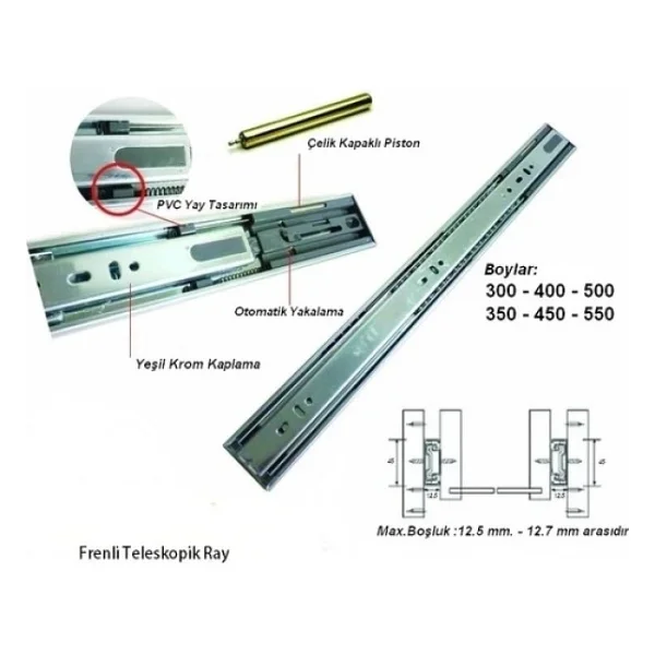 Broth Bilyeli Frenli Teleskopik Çekmece Rayı H43mm Boy 300mm - Görsel 2