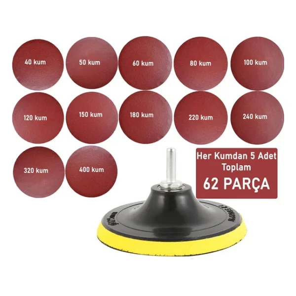 62 Parça 115 Mm Avuç Taşlama Cırt Zımpara Seti + Matkap Aparatı - Görsel 2