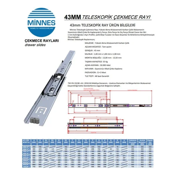 Minnes Teleskopik Çekmece Rayı H43mm - 60cm - Görsel 4