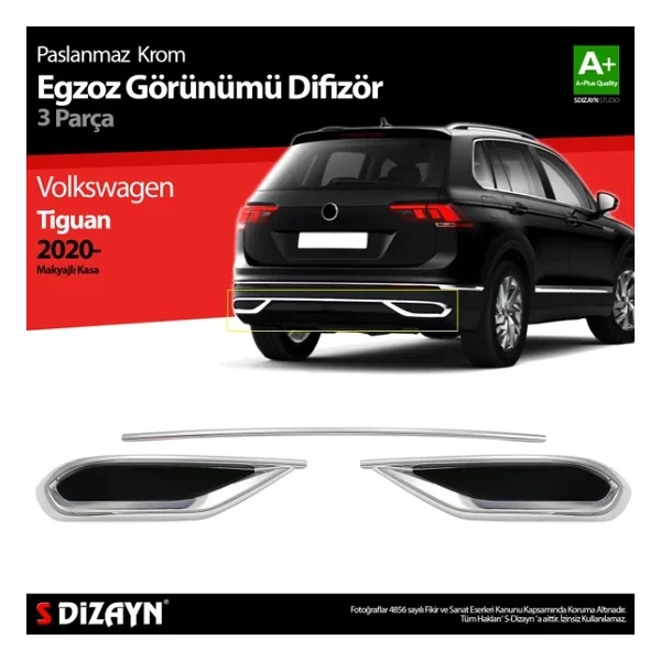 S-Dizayn Vw Tiguan Krom Egzoz Görünümü Difüzör 3 Parça 2020-2024 A+Kalite - Görsel 3