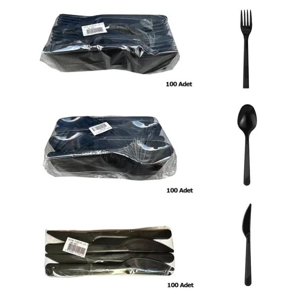 Plastik Siyah Çatal Kaşık Bıçak Seti Takımı- 100 Ad. Çatal + 100 Ad. Bıçak + 100 Ad. Kaşık - 18 Cm. - Görsel 5