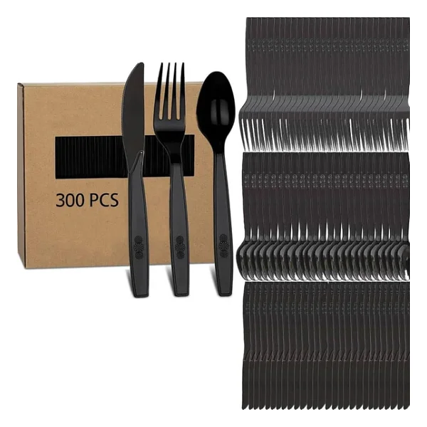 Plastik Siyah Çatal Kaşık Bıçak Seti Takımı- 100 Ad. Çatal + 100 Ad. Bıçak + 100 Ad. Kaşık - 18 Cm. - Görsel 3
