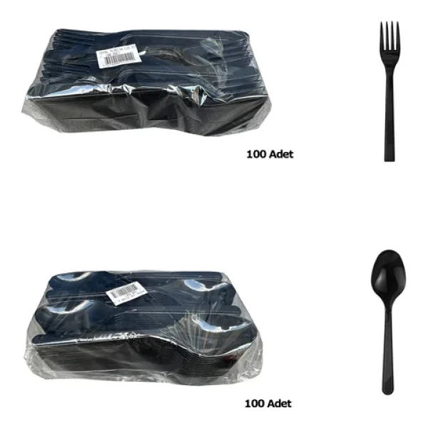 Plastik Siyah Çatal Kaşık Seti Takımı- 100 Ad. Çatal + 100 Adet Kaşık - 18 Cm. - Görsel 3