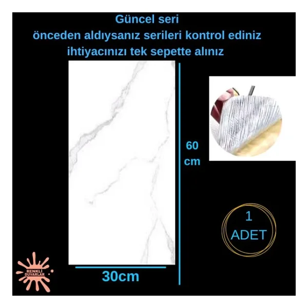 Renkli Duvarlar Tezgah Arası Kendinden Yapışkanlı Pvc Beyaz Kaplama Paneli 30x60 Cm - 30x60 Cm - Görsel 2