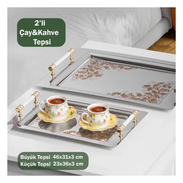 Porsima Yüzük 2li Paslanmaz Çelik Gümüş Kahve Tepsisi Gold Beyaz Desenli Dekoratif Servis Sunum Tepsisi - Görsel 6