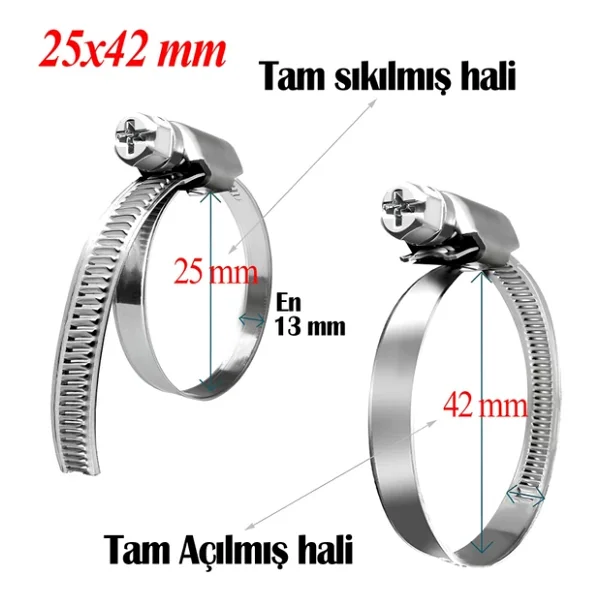 Hortum Kelepçesi Tork Ayarlı 25x42 Mm Paslanmaz Çelik Boru Metal Kelepçe Ayarlanabilir Klips 5 Adet - Görsel 2