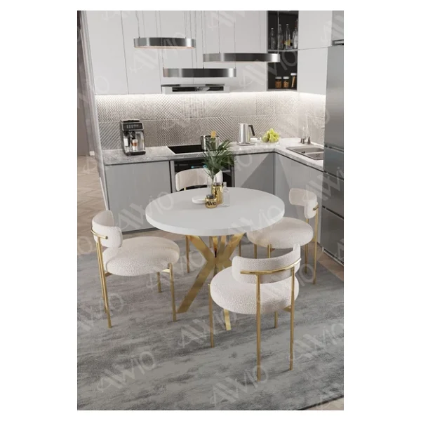 Avvio Lea Mat Gold Ayak 4'lü Teddy Sandalye 90x90 Masa Sandalye Takımı ( Sandalye Bukle Kumaş) - Görsel 2