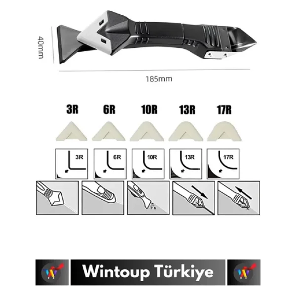 Premium Yüksek Kaliteli Kompakt 3in1 5 Silikon Başlıklı Fayans Derz Silikon Kazıyıcı Uygulayıcı - Görsel 5