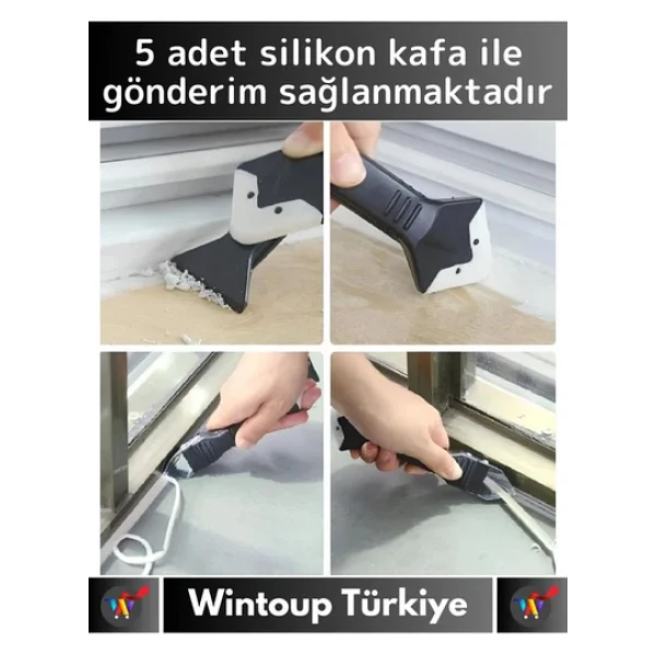Premium Yüksek Kaliteli Kompakt 3in1 5 Silikon Başlıklı Fayans Derz Silikon Kazıyıcı Uygulayıcı - Görsel 2