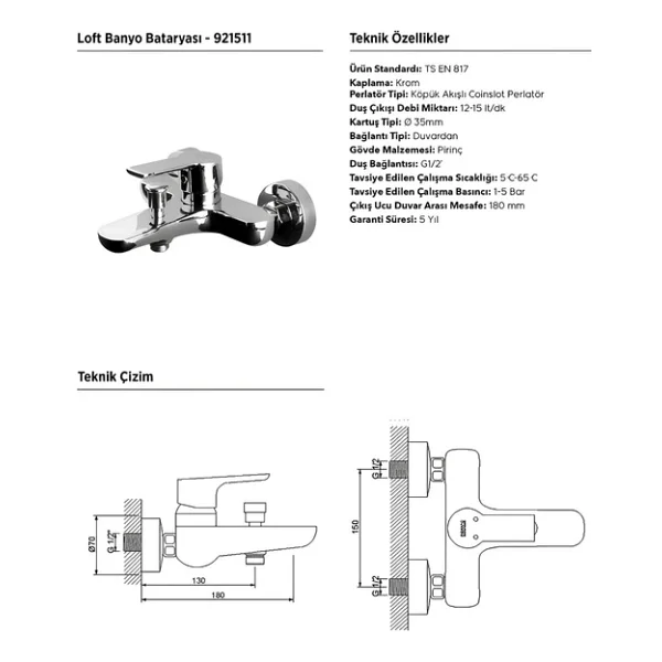 Newarc Loft 921511 Krom Banyo Bataryası - Görsel 6