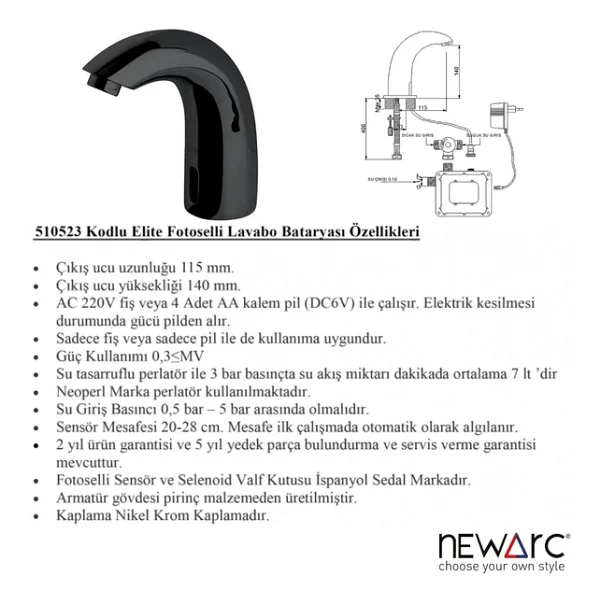 Newarc Elite Fotoselli Siyah Lavabo Bataryası - Görsel 6
