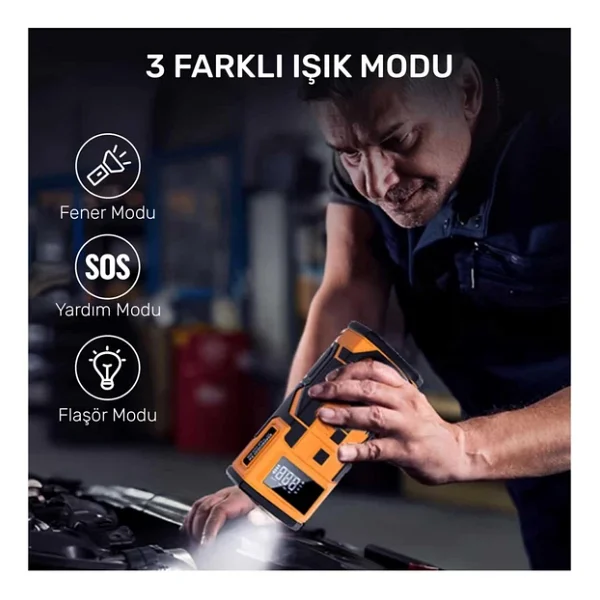 Npo A5577 Kablolu/Kablosuz 8000mah Şarjlı Taşınabilir Araç Akü Takviyeli, Powerbank Destekli Reflektör Ledli 5in1 Oto Hava Pompası - Görsel 4