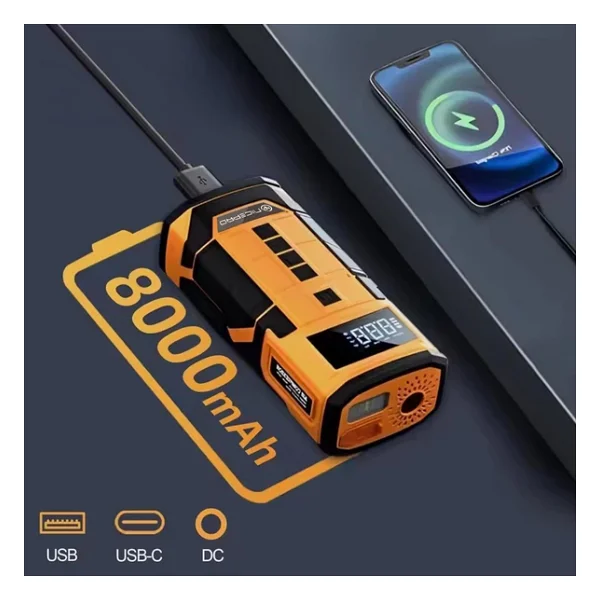 Npo A5577 Kablolu/Kablosuz 8000mah Şarjlı Taşınabilir Araç Akü Takviyeli, Powerbank Destekli Reflektör Ledli 5in1 Oto Hava Pompası - Görsel 5