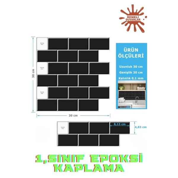 Renkli Duvarlar 30x30cm Siyah Tuğla Epoksi 1 Adet 3d Yapışkanlı Duvar Kaplama Paneli Mutfak Banyo Salon Ofis Döşeme - Görsel 2