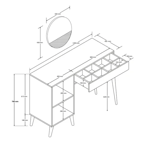 Mezza 2244 Love Aynalı(Ahşap Ayaklı)Mdf Profil Çerçeveli Çekmeceli-Kapaklı 120cm Makyaj Masası Sepet Yunus - Görsel 4