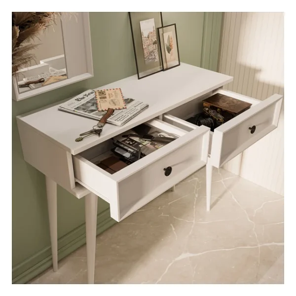 Mezza 6020 Luna (Ahşap Ayaklı) Mdf Profil Çerçeveli 2 Çekmeceli Aynalı Dresuar Beyaz - Görsel 5