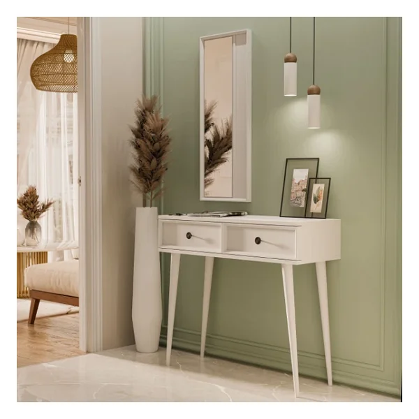 Mezza 6020 Luna (Ahşap Ayaklı) Mdf Profil Çerçeveli 2 Çekmeceli Aynalı Dresuar Beyaz - Görsel 3