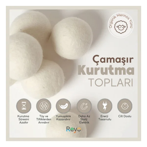 Reyo Çamaşır Yün Kurutma Topu Doğal Yumuşatıcı, Kurutma Makinesi Için Büyük 6 Adet Yün Top Bez Çantalı - Görsel 4