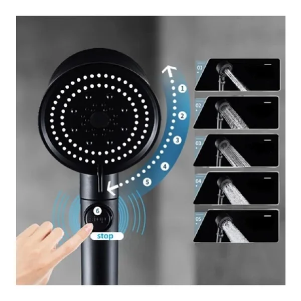 Kustar 3'lü Set Siyah 5 Fonksiyonlu Turbo Jet Pervaneli Duş Başlığı Örgülü Hortum Ve Askı - Görsel 6