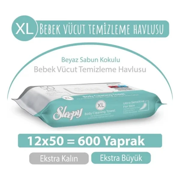 Sleepy Hassas Ciltlere Özel XL 50'li 12 Adet Vücut Temizleme Mendili - Görsel 5