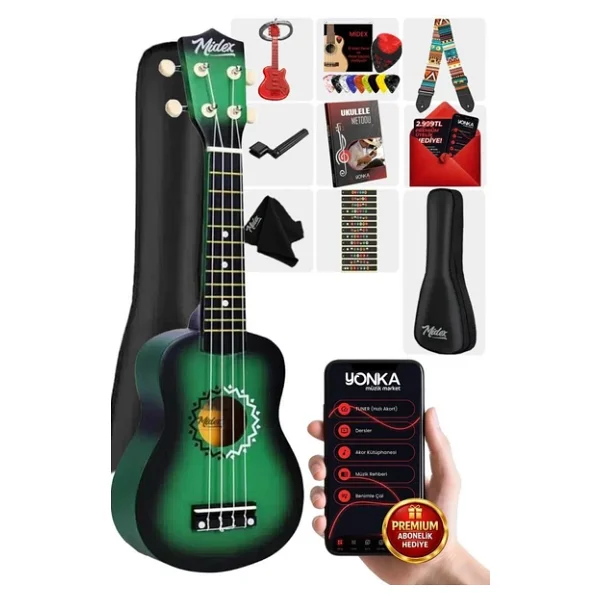 Midex Ukx-500gr Sunburs Efektli Maun Soprano Ukulele Full Set - Yeşil - Görsel 3