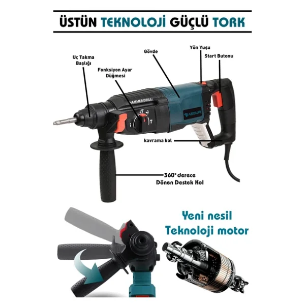 Assur Profesyonel 850w Darbeli Kırıcı Delici Hilti 26mm Matkap - Görsel 4