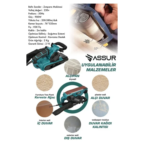 Assur 900w Elektrikli Vakumlu Tozsuz Cila Özellikli Tank Zımpara Makinesi - Görsel 5