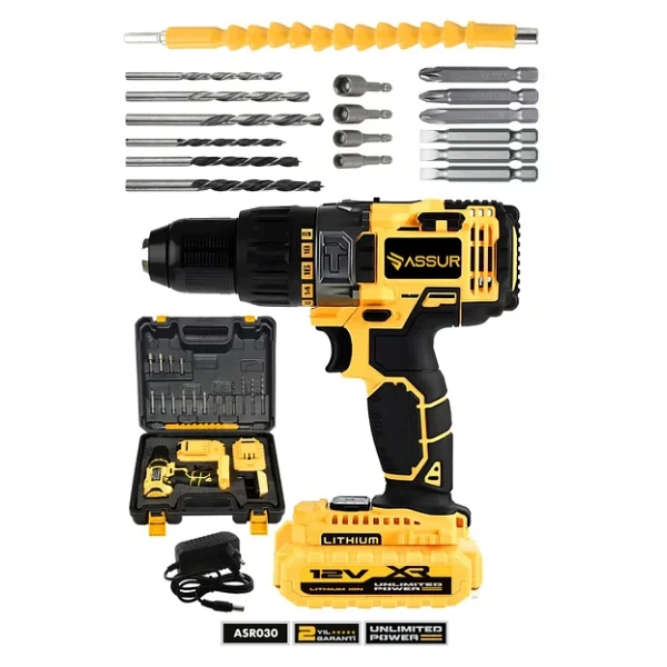 Assur 12v 1.5ah Metal Şanzıman Çift Akülü Bakır Sargı 24 Parça Şarjlı Matkap Akülü Vidalama - Görsel 6