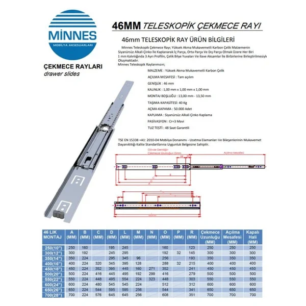 Minnes Frenli Teleskopik Çekmece Rayı H46mm - 50cm - Görsel 4