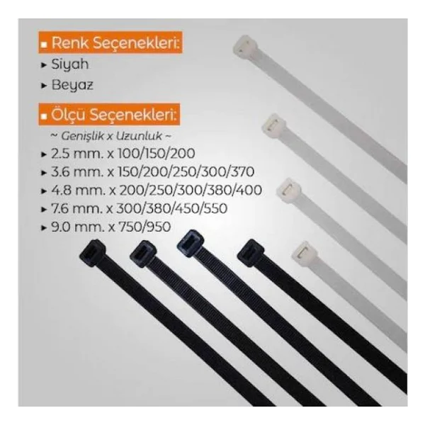 Çetsan 4,8x200 Beyaz 20cm Kablo Bağı Plastik Cırt Kelepçe Toplayıcı-100 Adet - Görsel 2