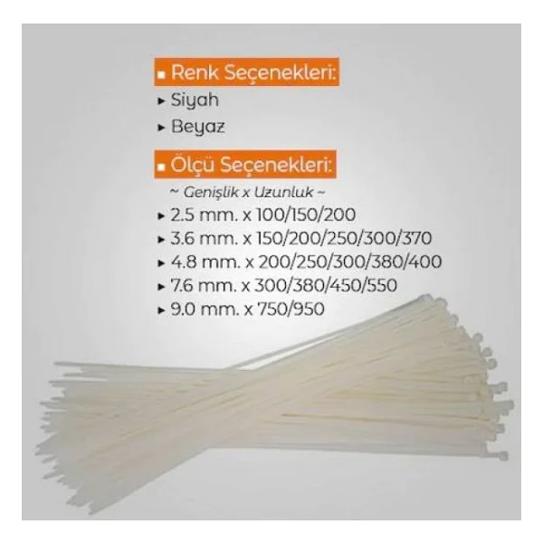 Çetsan 4,8x200 Beyaz 20cm Kablo Bağı Plastik Cırt Kelepçe Toplayıcı-100 Adet - Görsel 5