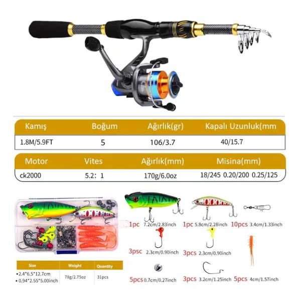 Valkyrie 1.8m Çantalı Motorlu Spin Olta Seti Silikon Rapala Misina Jighead Herşey Dahil Tam Set Ultra Hafif Tasarım - Görsel 4